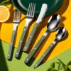 Green handle silver tableware set, home simple style stainless steel spoons and forks Specification image